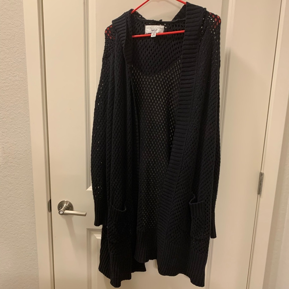 Avenue Knee Length Crochet Hooded Sweater Cardigan